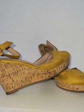 Women’s Mustard Yellow Suede Cork Wedge Sandals
